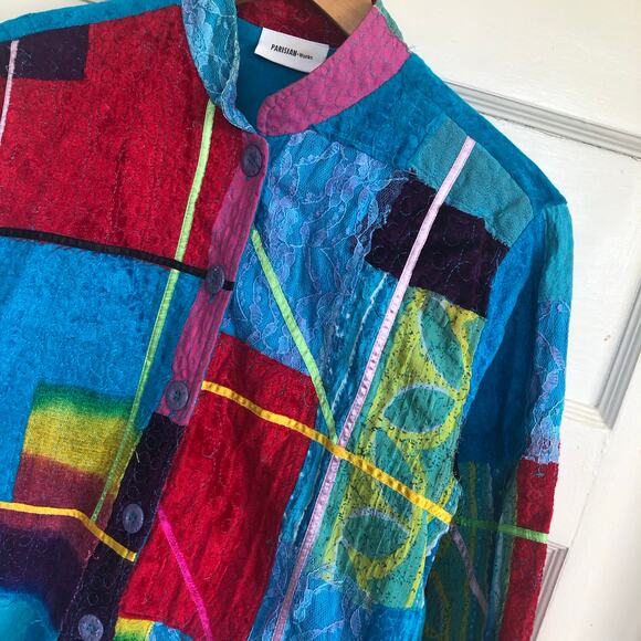 Parisian Works 90s Y2K Patchwork Art To Wear Shirt Jacket Shacket Small Hippie - Picture 4 of 13